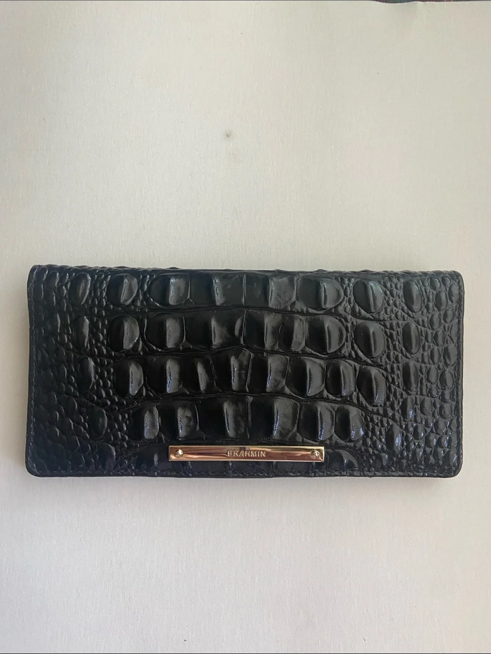 BRAHMIN Ady Wallet Melbourne Black Croc Leather Slim Bifold Wallet ID Window